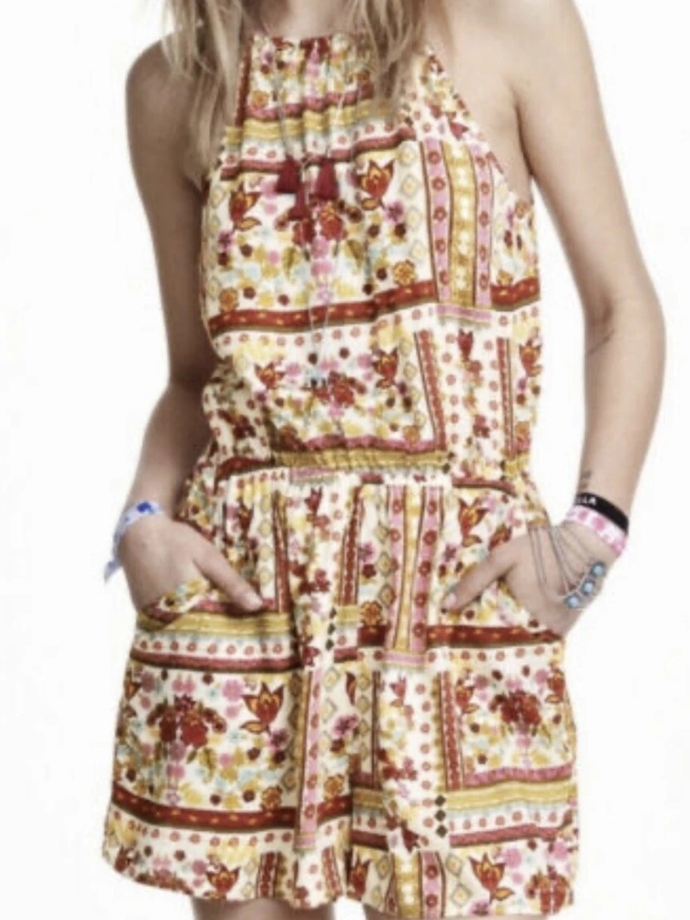 Coachella Collection X H&M Boho Floral Halter Romper - Cream & Multi